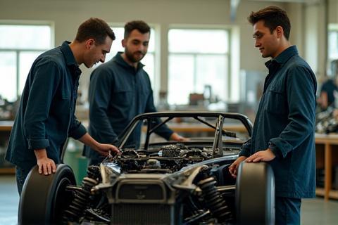Nihon Auto Works team in a workshop collaborating